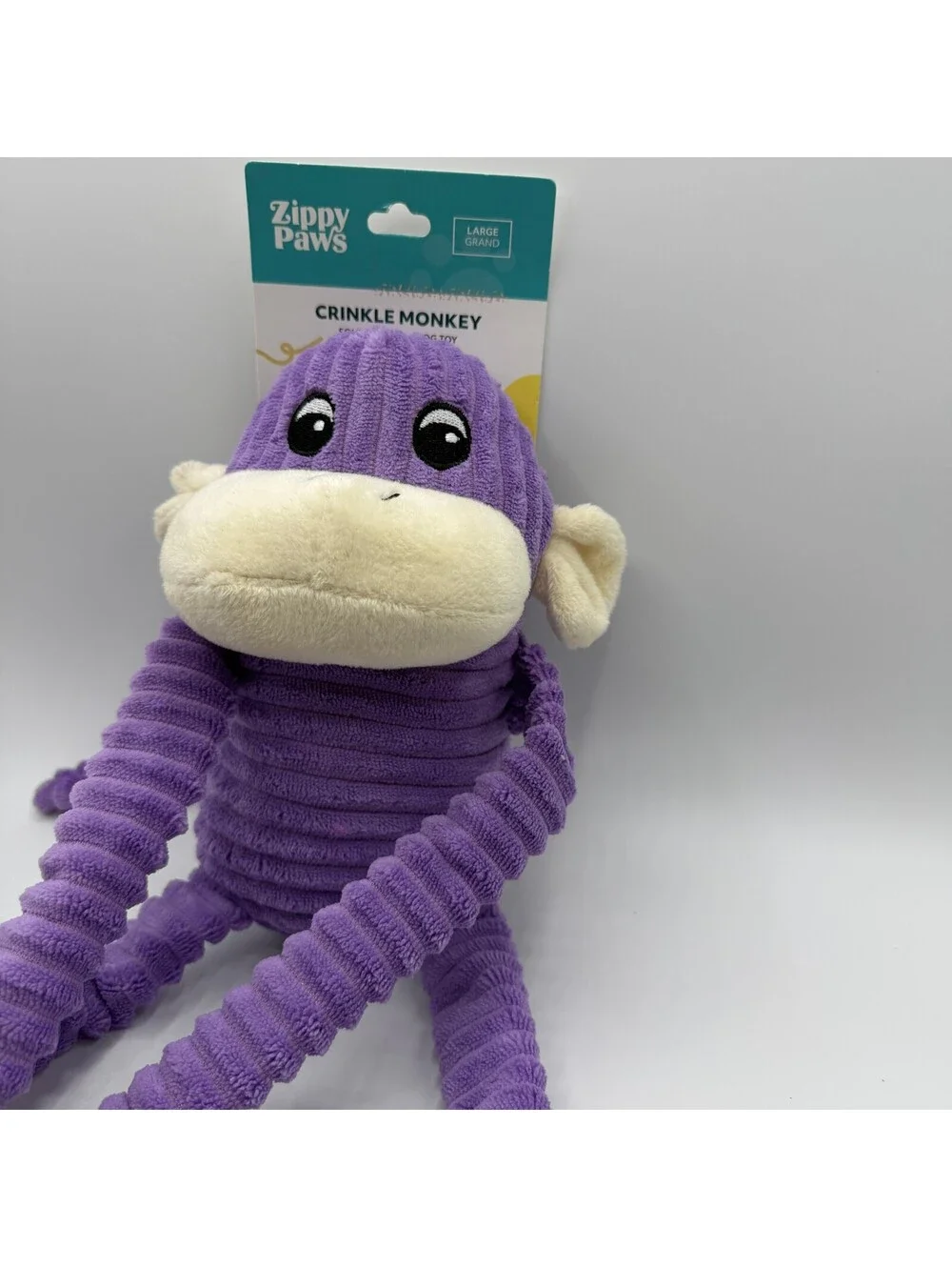 ZippyPaws Spencer the Crinkle Monkey Large Dog Plush Toy Purple Corduroy Squeaky